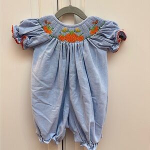 Blue Smocked Pumpkin Baby Romper